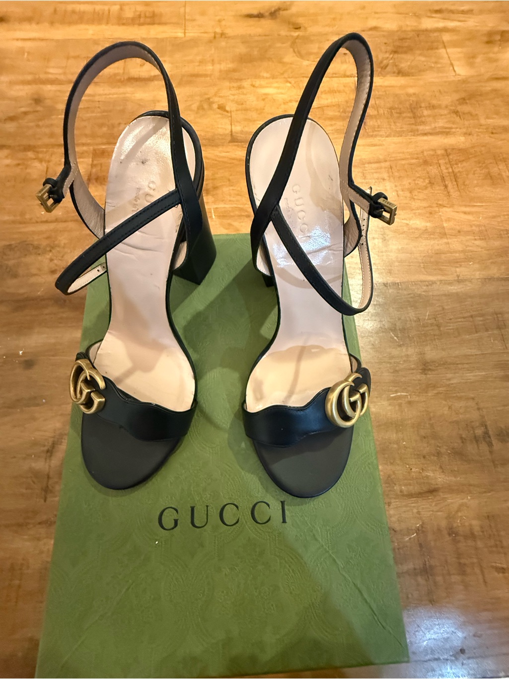 Gucci Black Leather Slingback Heels With Gold Double G